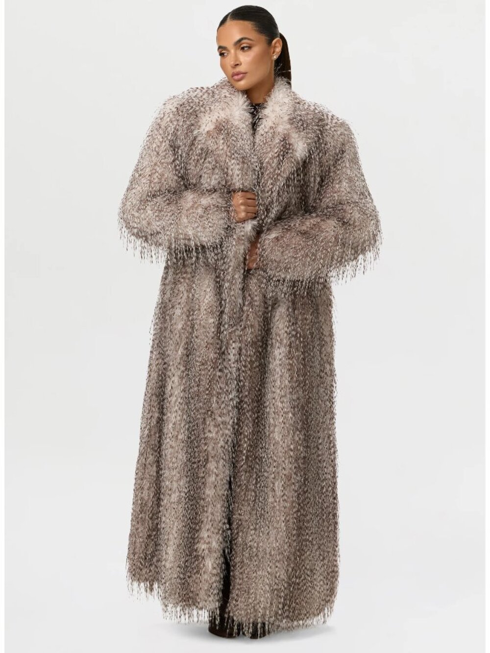 💥SHOWSTOPPER!💥FAUX MARABOU OSTRICH FEATHER FULL LENGTH COAT in MULTI GRAY